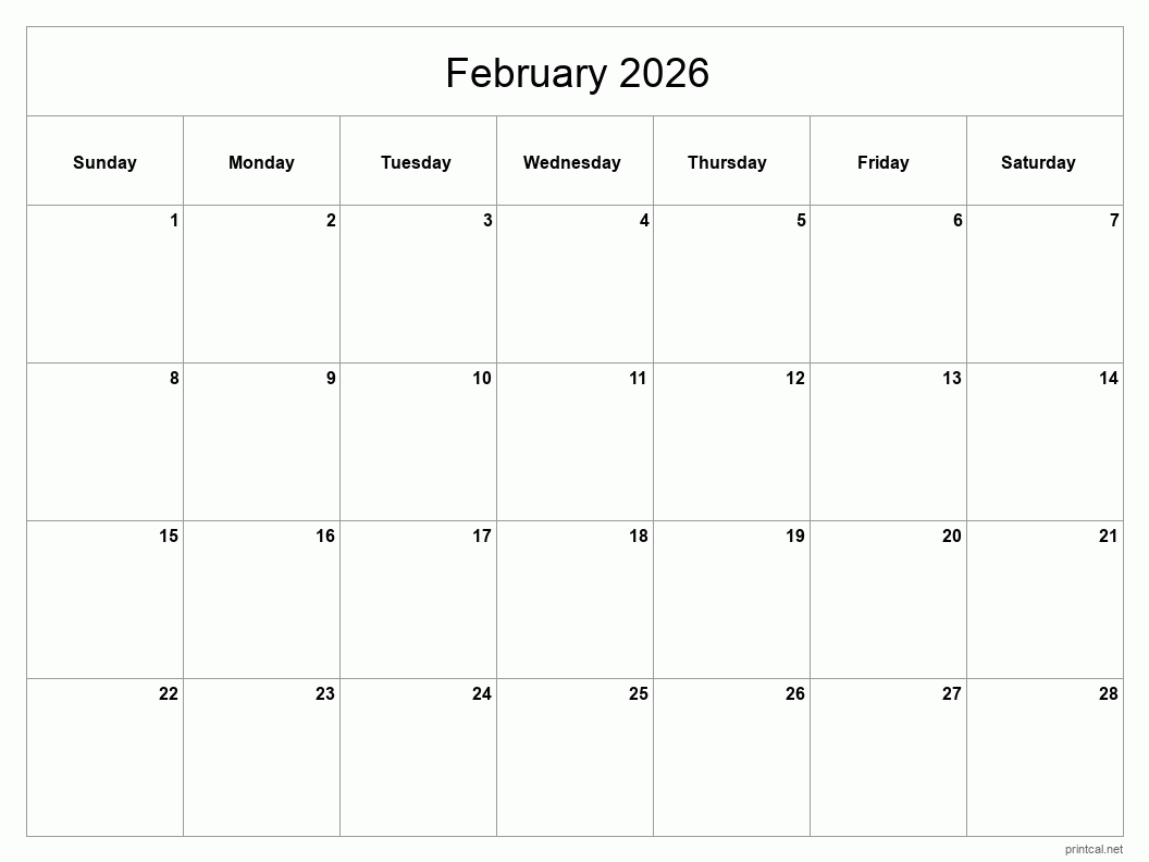February 2026 Printable Calendar - Classic Blank Sheet