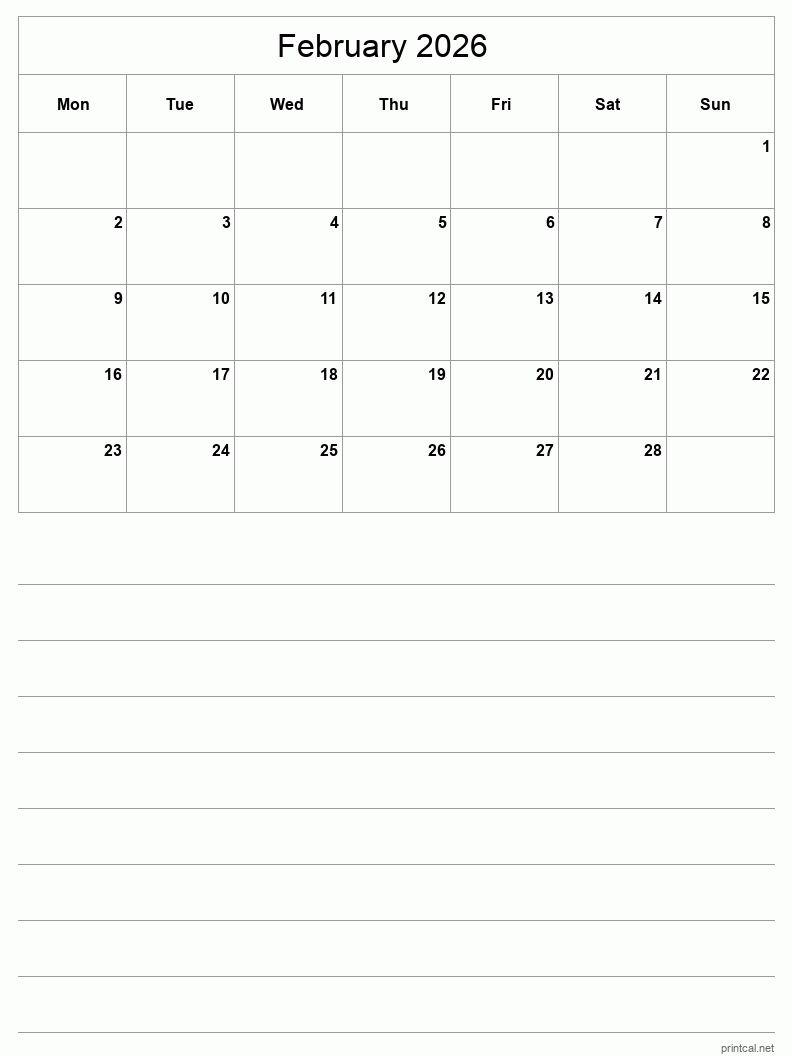 February 2026 Printable Calendar - Half-Page With Notesheet