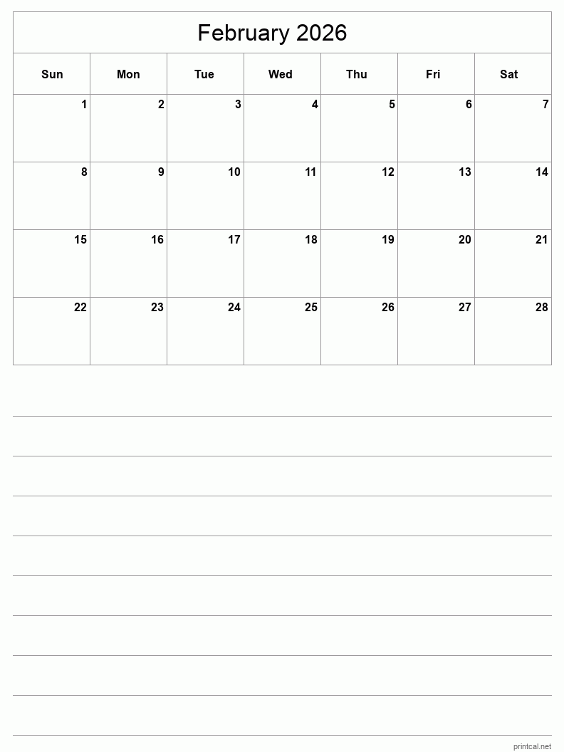 February 2026 Printable Calendar - Half-Page With Notesheet