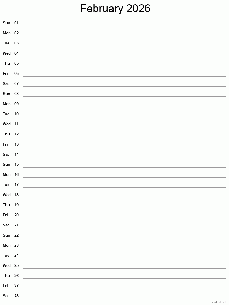 February 2026 Printable Calendar - Single Column Notesheet