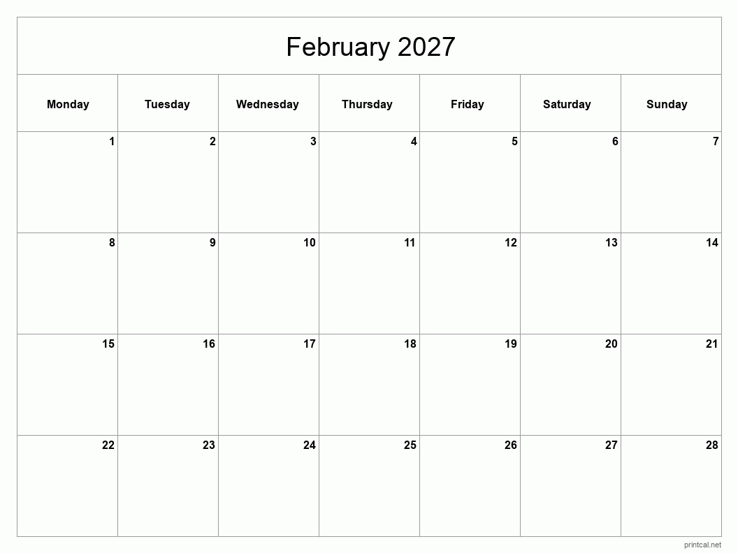 February 2027 Printable Calendar - Classic Blank Sheet