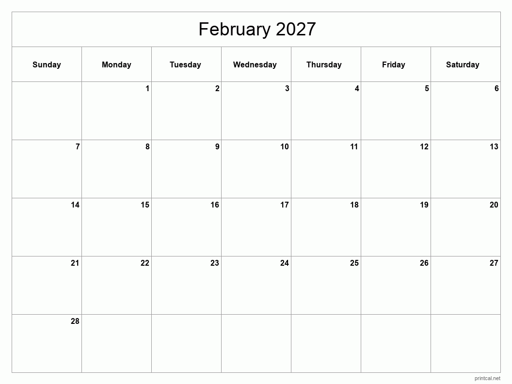 February 2027 Printable Calendar - Classic Blank Sheet