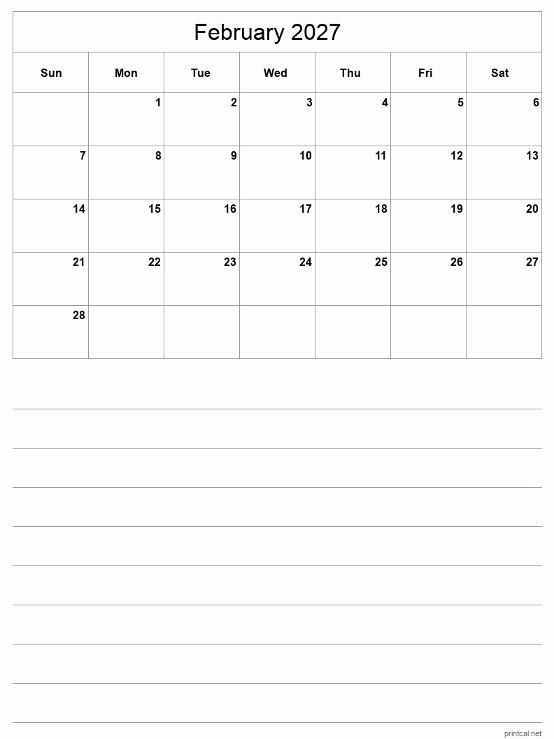 February 2027 Printable Calendar - Half-Page With Notesheet