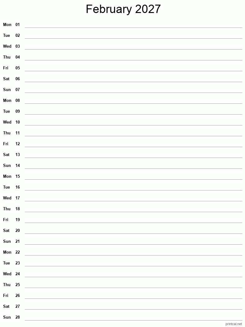 February 2027 Printable Calendar - Single Column Notesheet
