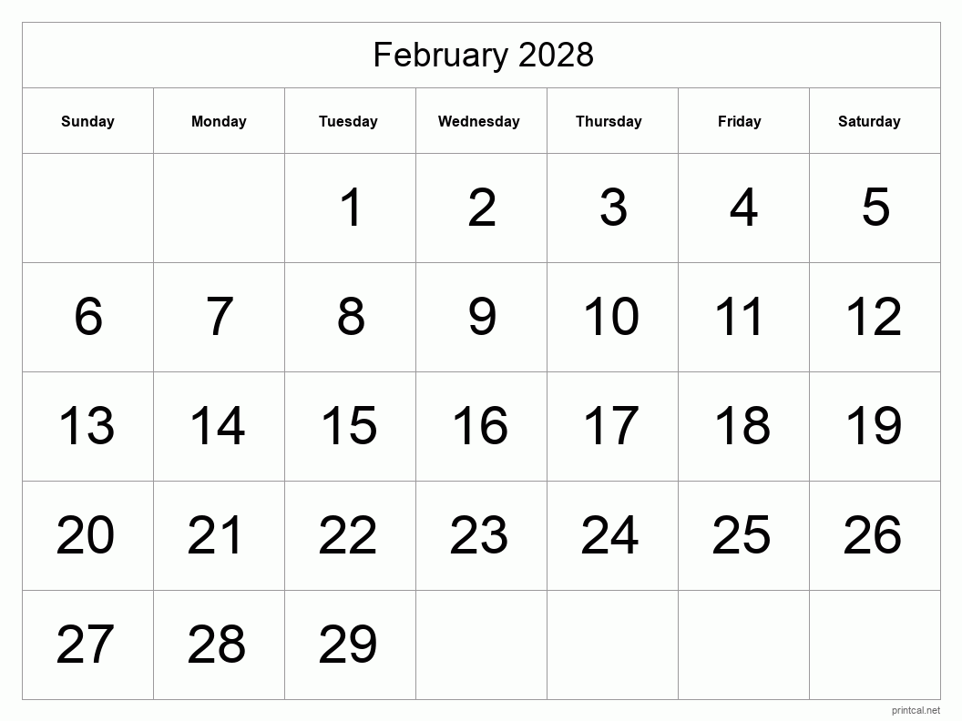 February 2028 Printable Calendar - Big Dates