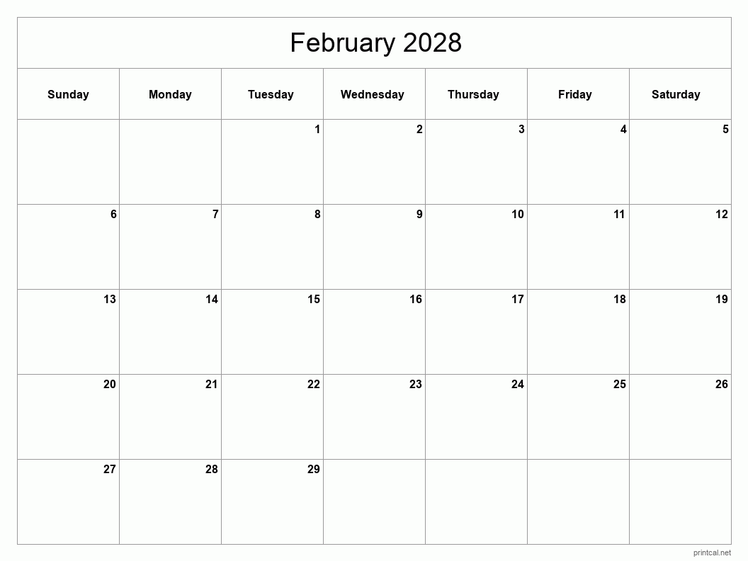 February 2028 Printable Calendar - Classic Blank Sheet