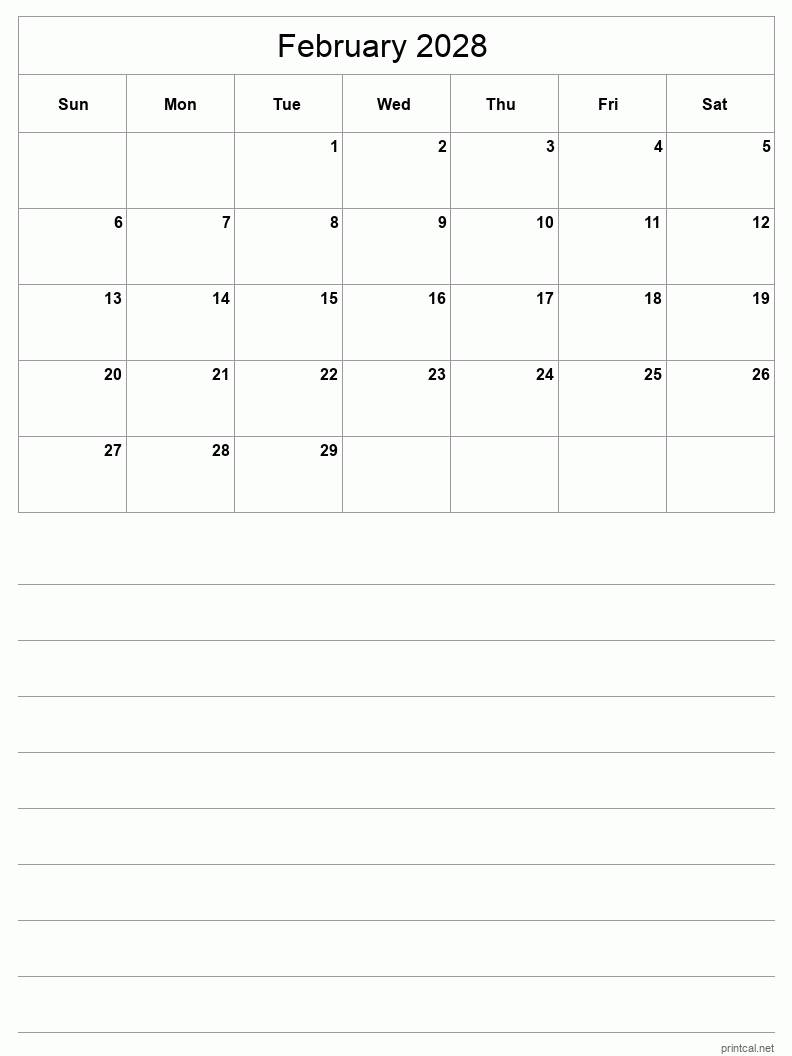 February 2028 Printable Calendar - Half-Page With Notesheet