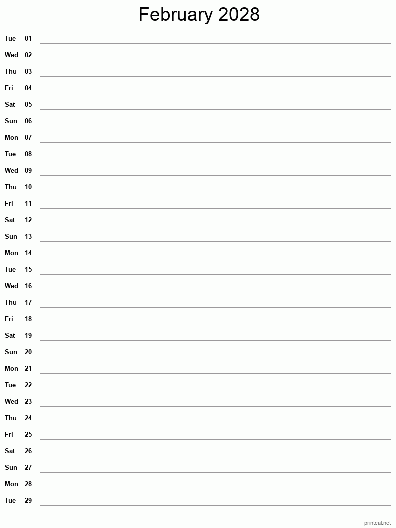 February 2028 Printable Calendar - Single Column Notesheet
