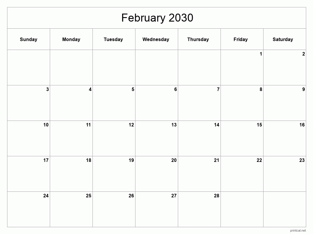 February 2030 Printable Calendar - Classic Blank Sheet