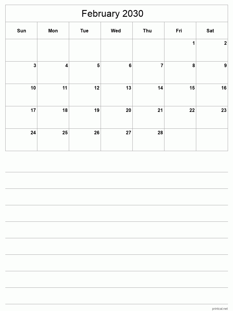 February 2030 Printable Calendar - Half-Page With Notesheet