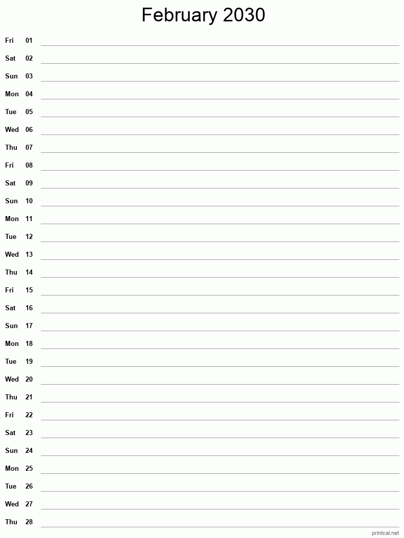 February 2030 Printable Calendar - Single Column Notesheet