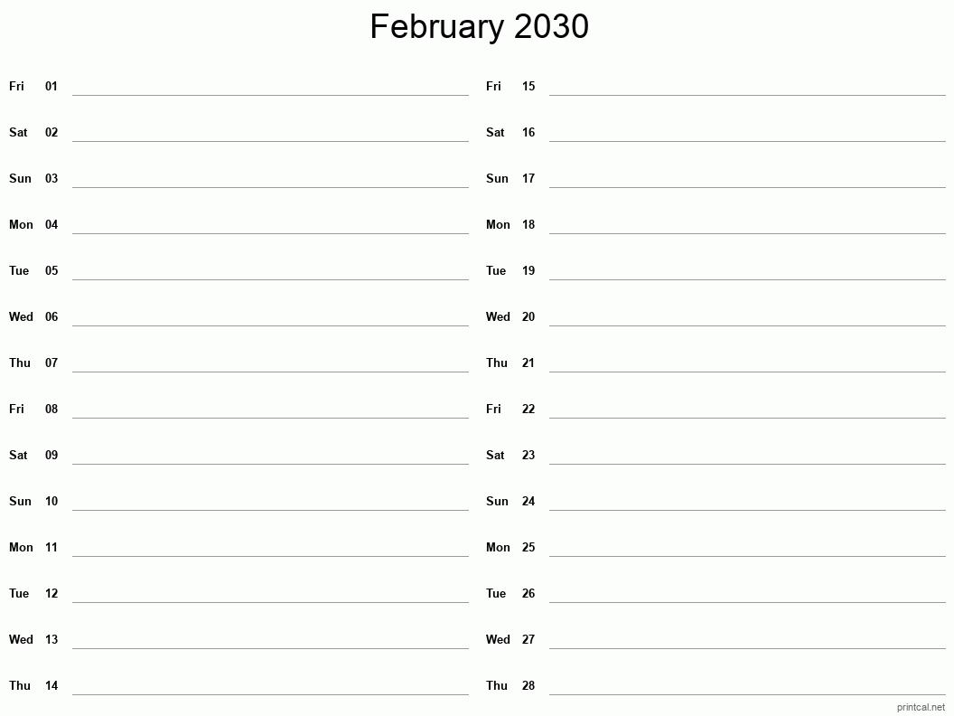 February 2030 Printable Calendar - Two Column Notesheet