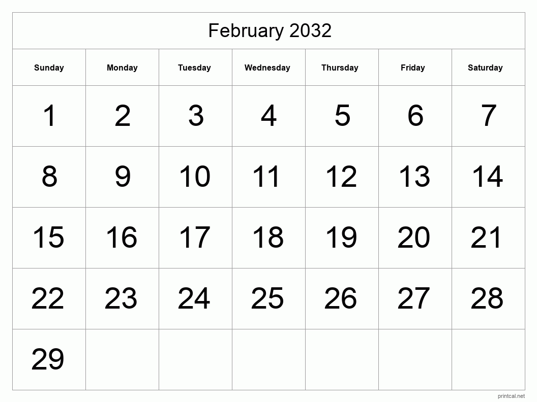February 2032 Printable Calendar - Big Dates