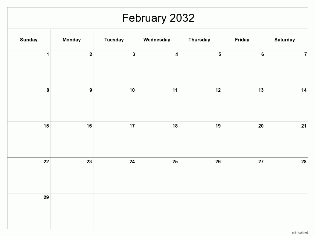 February 2032 Printable Calendar - Classic Blank Sheet