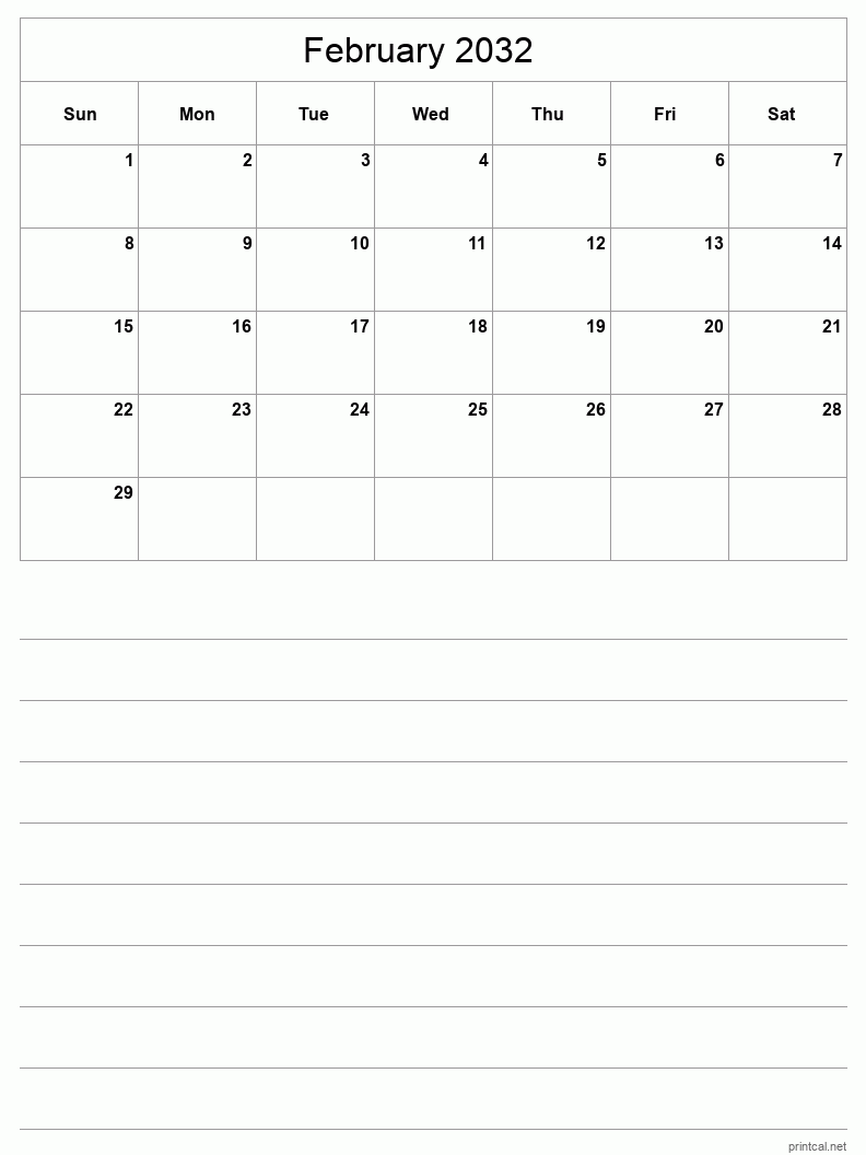 February 2032 Printable Calendar - Half-Page With Notesheet