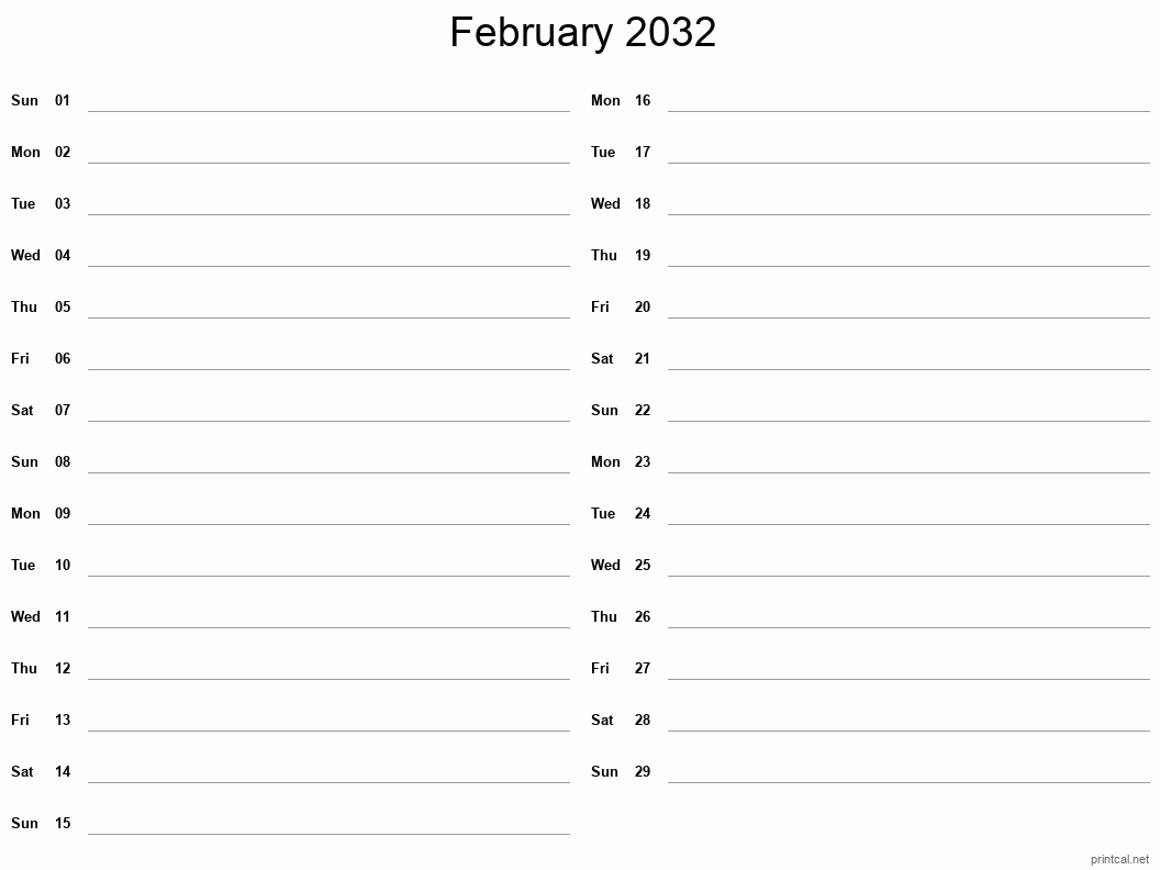February 2032 Printable Calendar - Two Column Notesheet