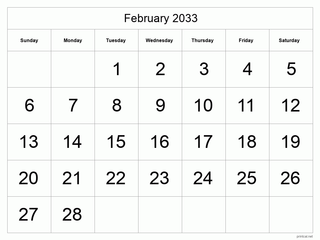 February 2033 Printable Calendar - Big Dates