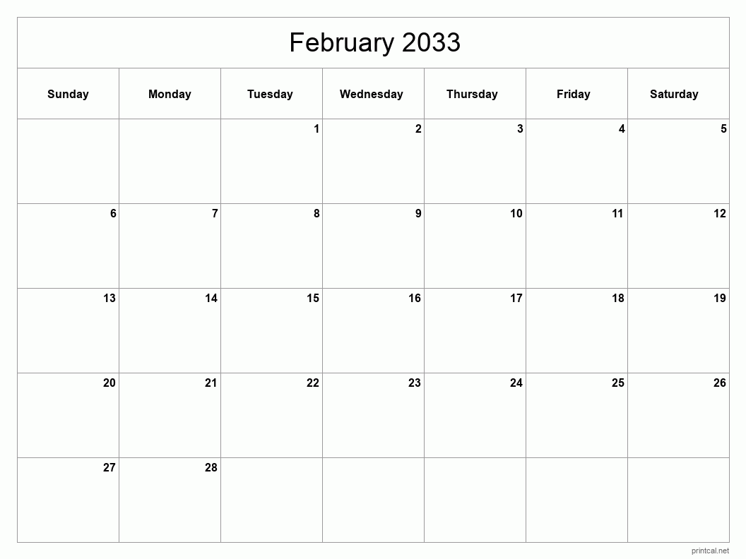 February 2033 Printable Calendar - Classic Blank Sheet