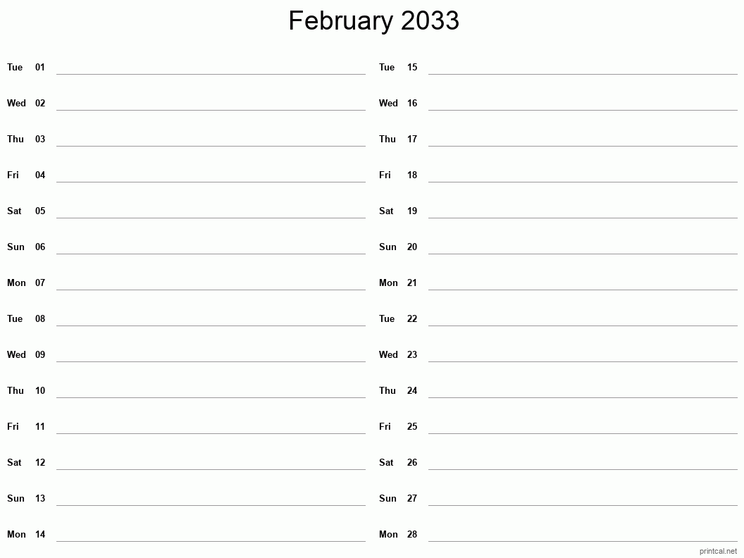 February 2033 Printable Calendar - Two Column Notesheet