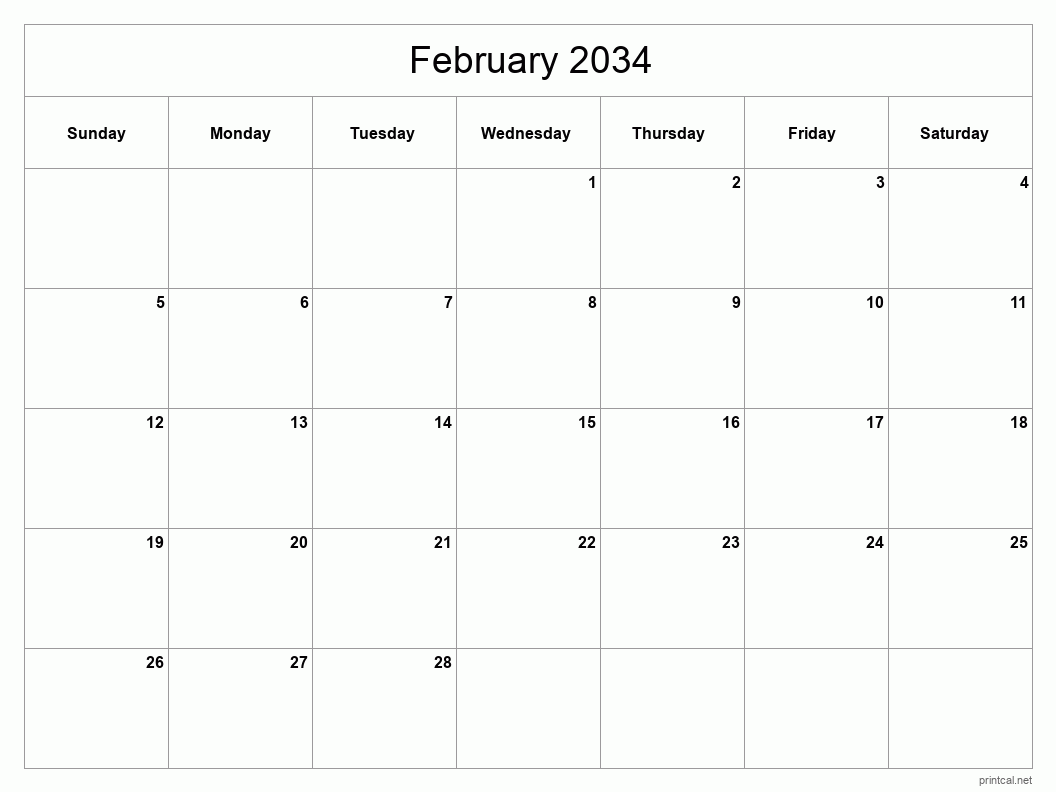 February 2034 Printable Calendar - Classic Blank Sheet