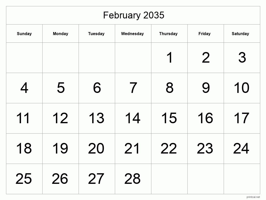 February 2035 Printable Calendar - Big Dates