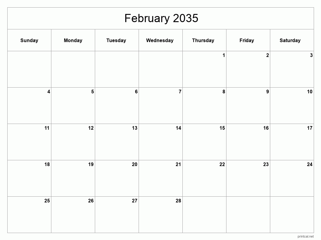 February 2035 Printable Calendar - Classic Blank Sheet