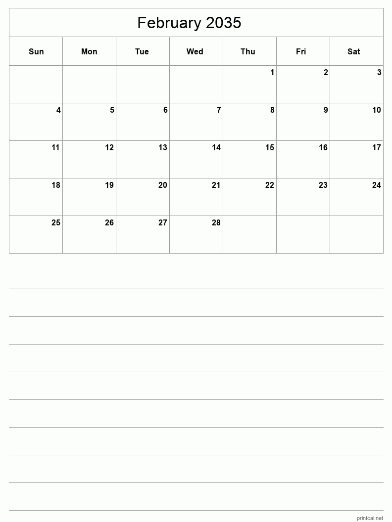 February 2035 Printable Calendar - Half-Page With Notesheet