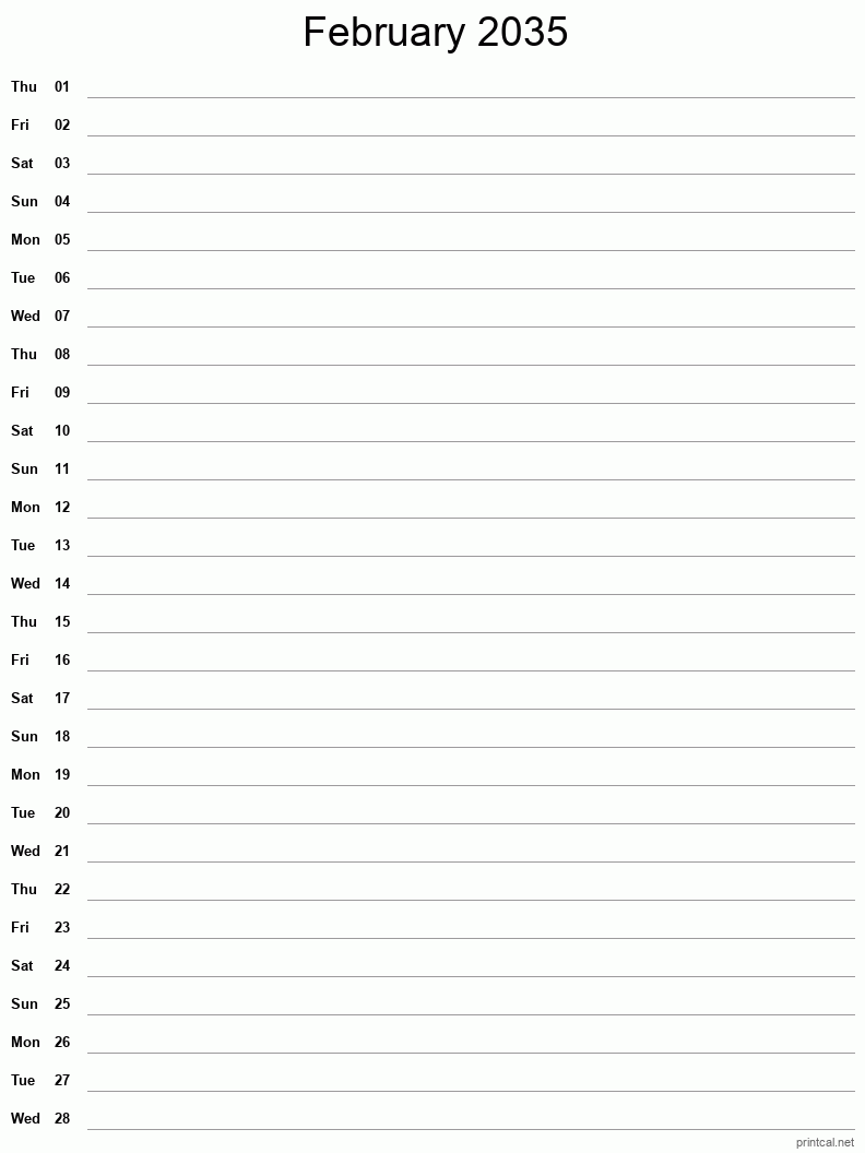 February 2035 Printable Calendar - Single Column Notesheet