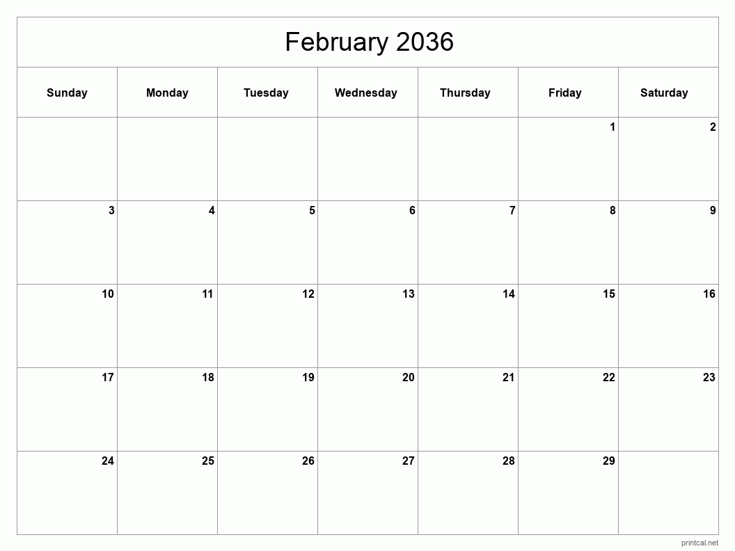 February 2036 Printable Calendar - Classic Blank Sheet