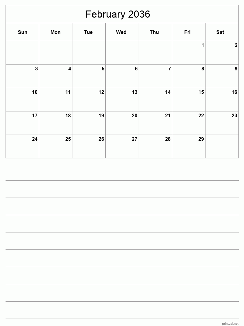 February 2036 Printable Calendar - Half-Page With Notesheet