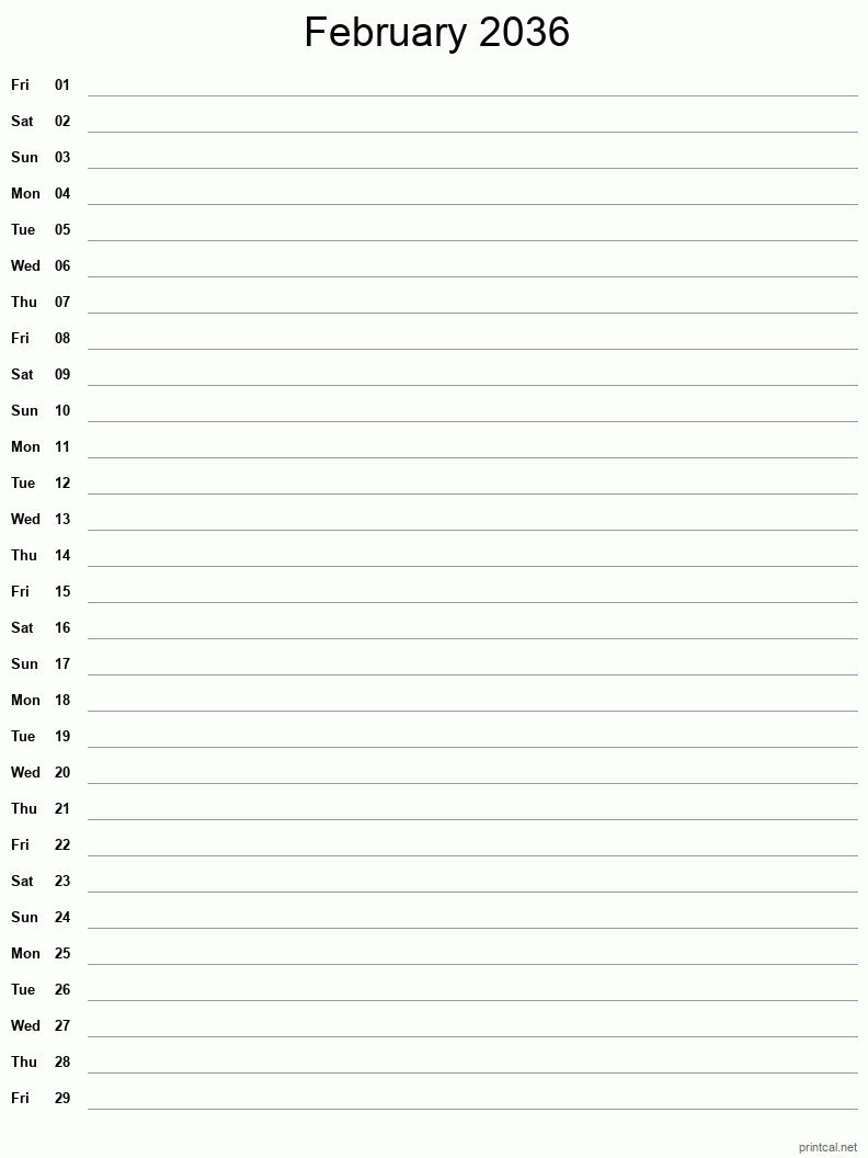 February 2036 Printable Calendar - Single Column Notesheet