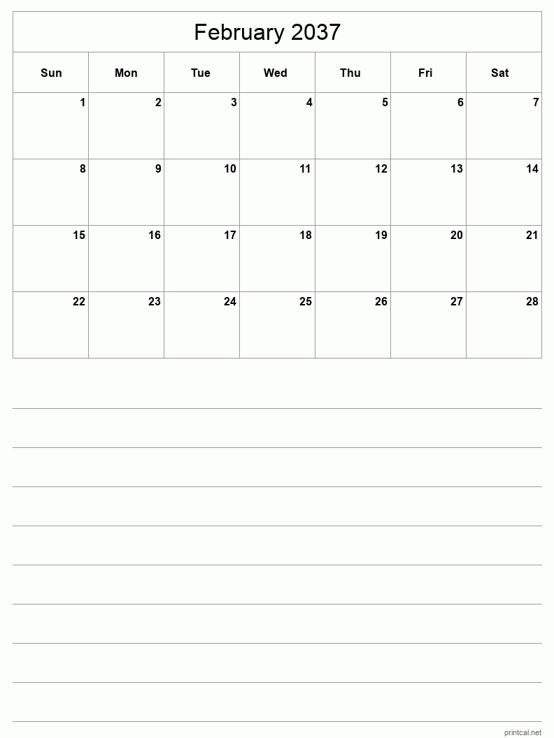 February 2037 Printable Calendar - Half-Page With Notesheet