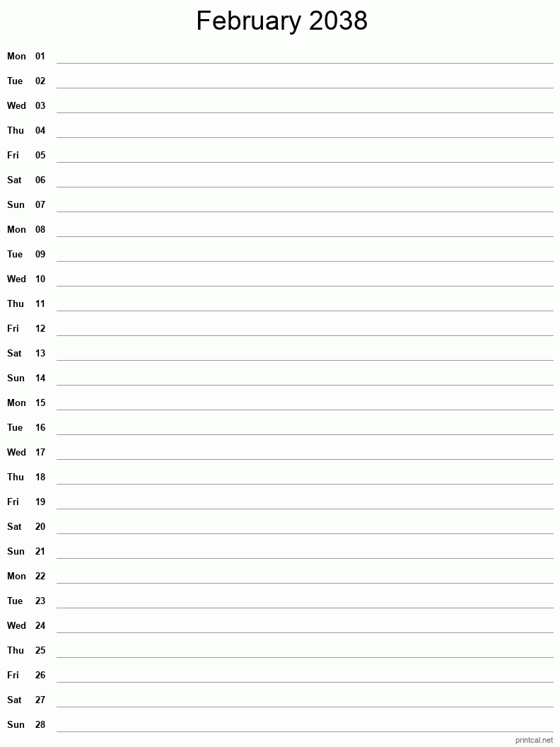 February 2038 Printable Calendar - Single Column Notesheet