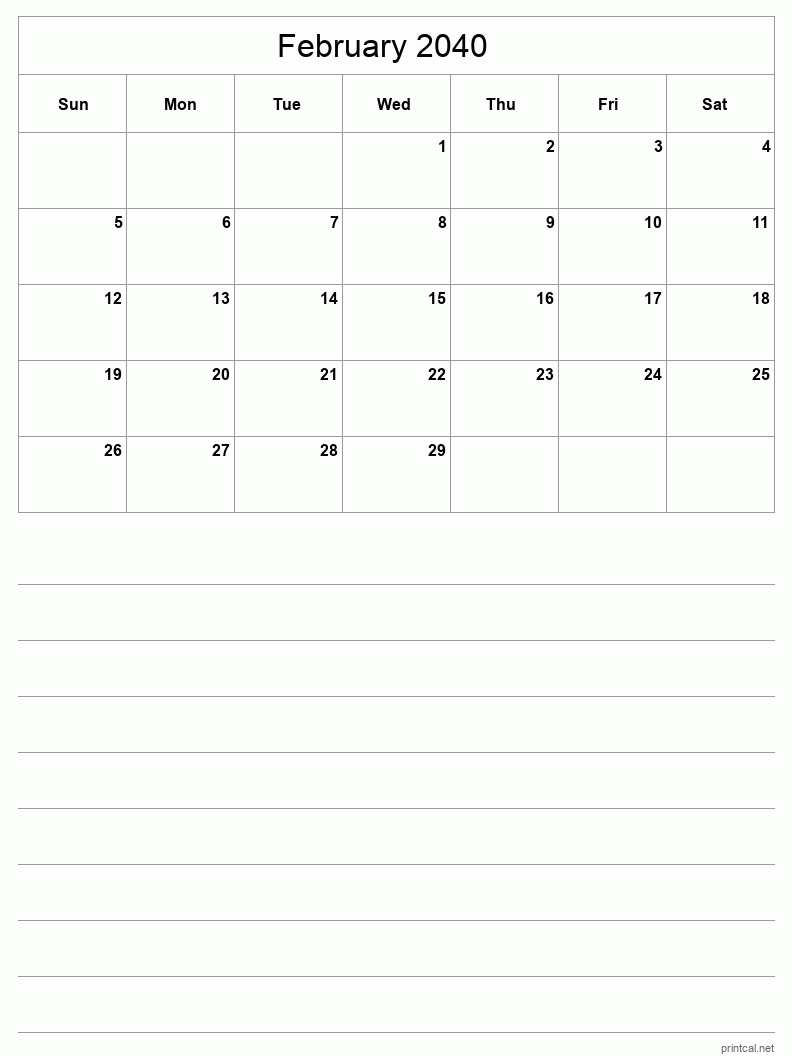 February 2040 Printable Calendar - Half-Page With Notesheet