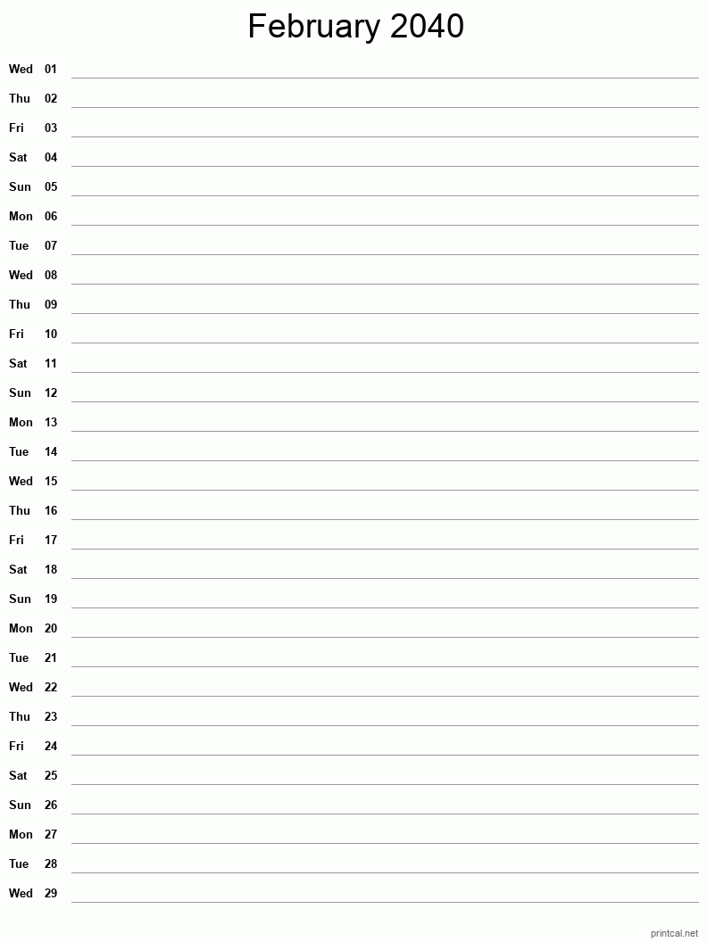 February 2040 Printable Calendar - Single Column Notesheet