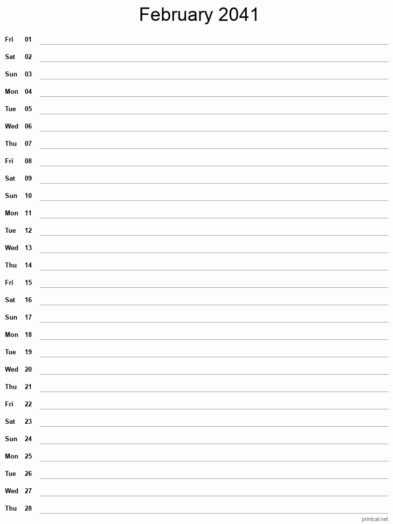 February 2041 Printable Calendar - Single Column Notesheet