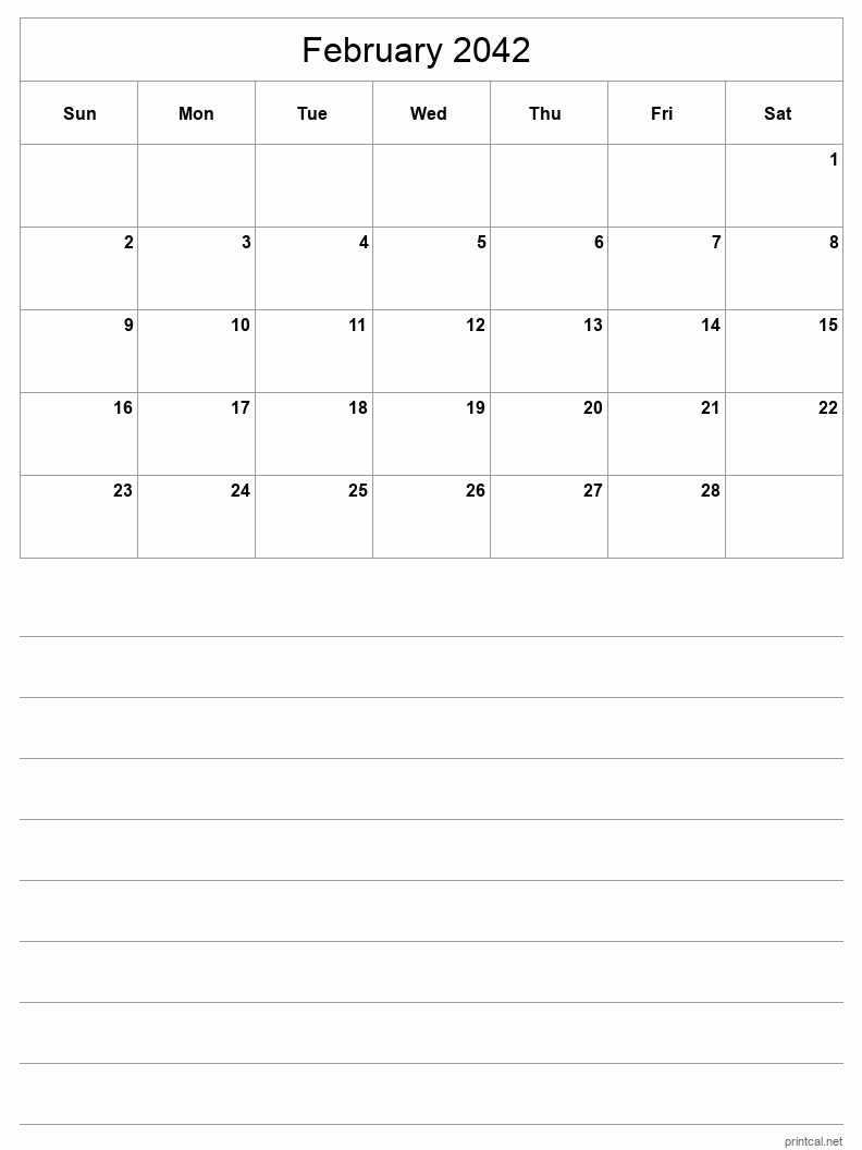 February 2042 Printable Calendar - Half-Page With Notesheet