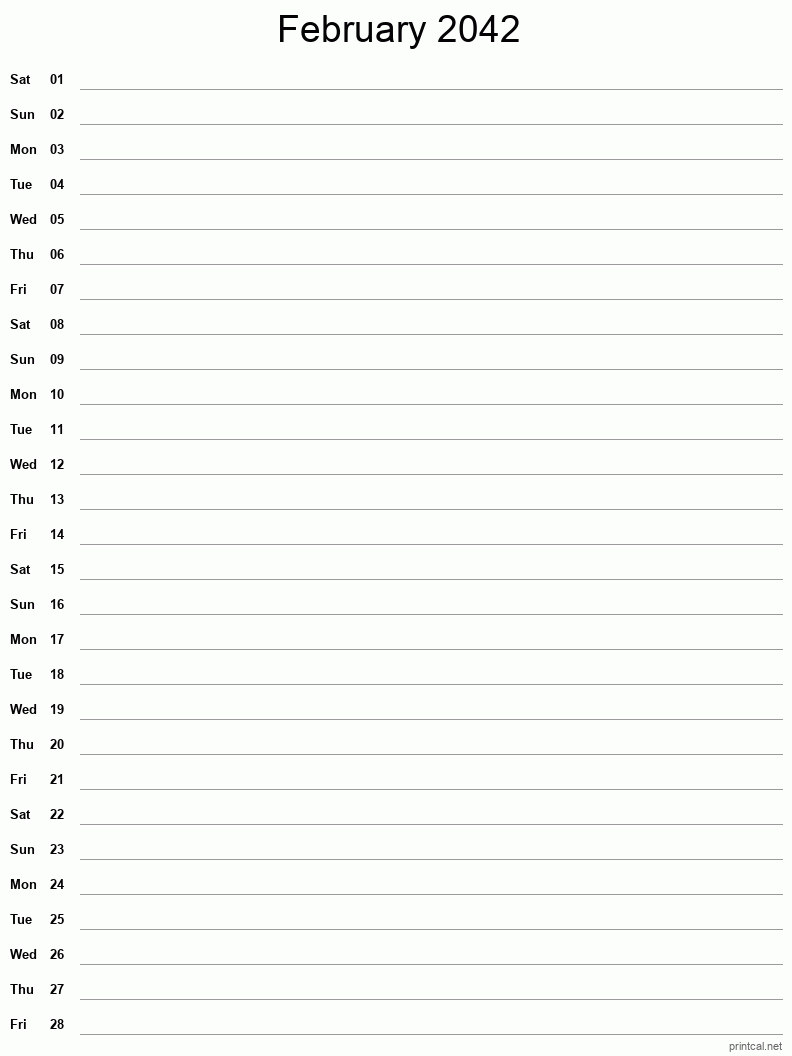 February 2042 Printable Calendar - Single Column Notesheet