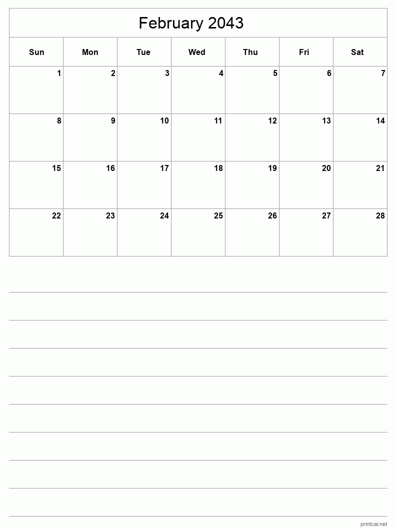 February 2043 Printable Calendar - Half-Page With Notesheet