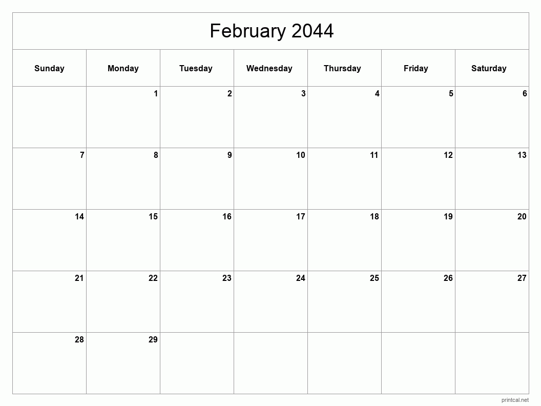 February 2044 Printable Calendar - Classic Blank Sheet