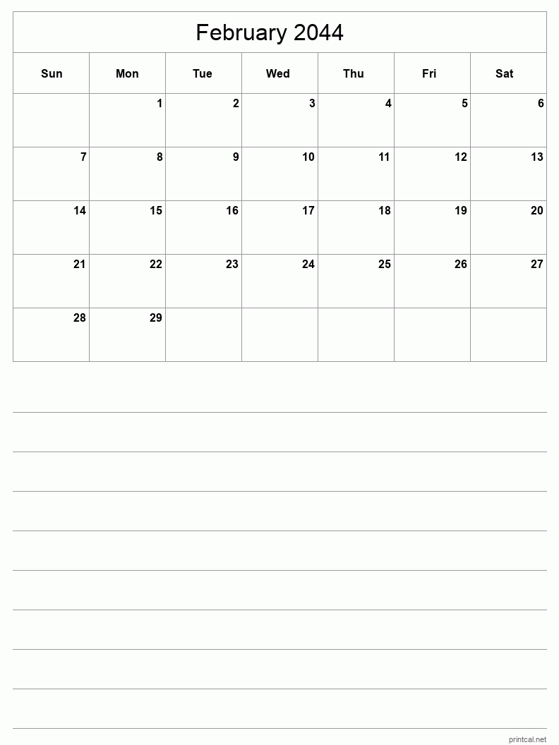 February 2044 Printable Calendar - Half-Page With Notesheet