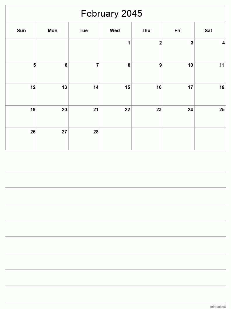 February 2045 Printable Calendar - Half-Page With Notesheet