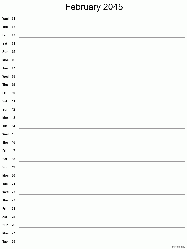 February 2045 Printable Calendar - Single Column Notesheet