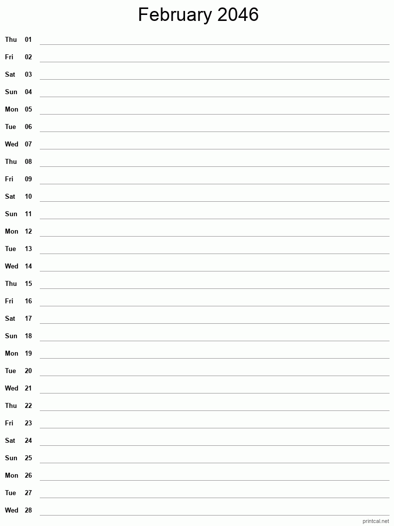 February 2046 Printable Calendar - Single Column Notesheet