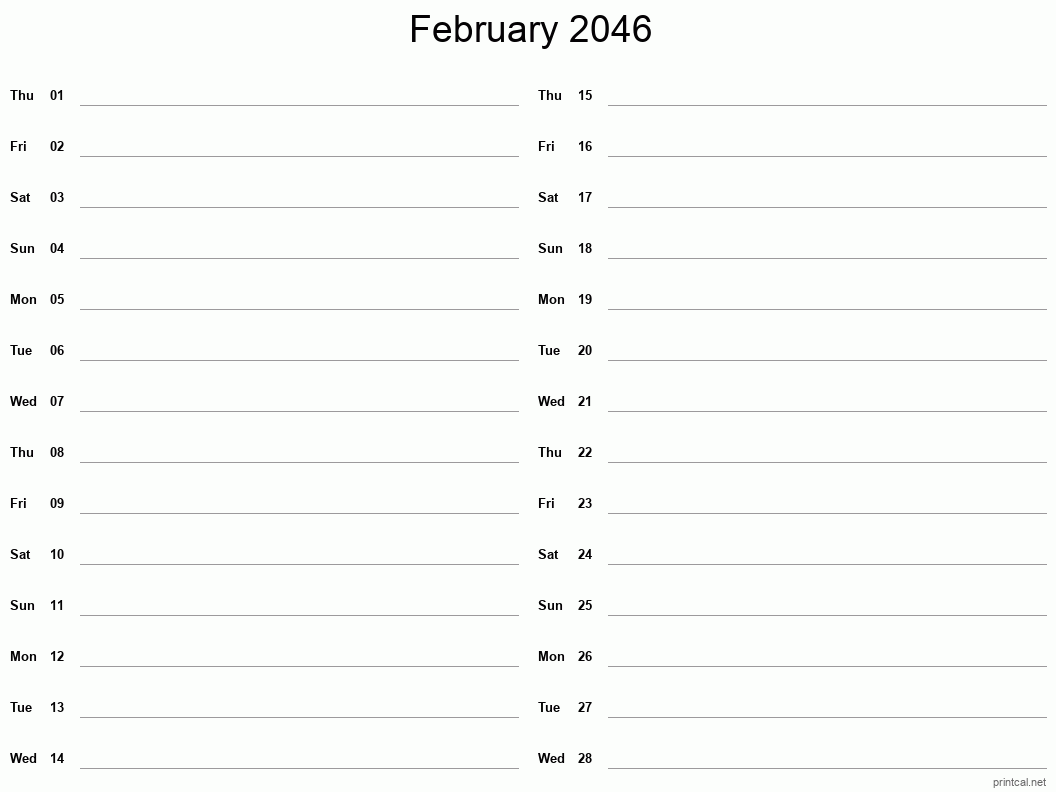 February 2046 Printable Calendar - Two Column Notesheet