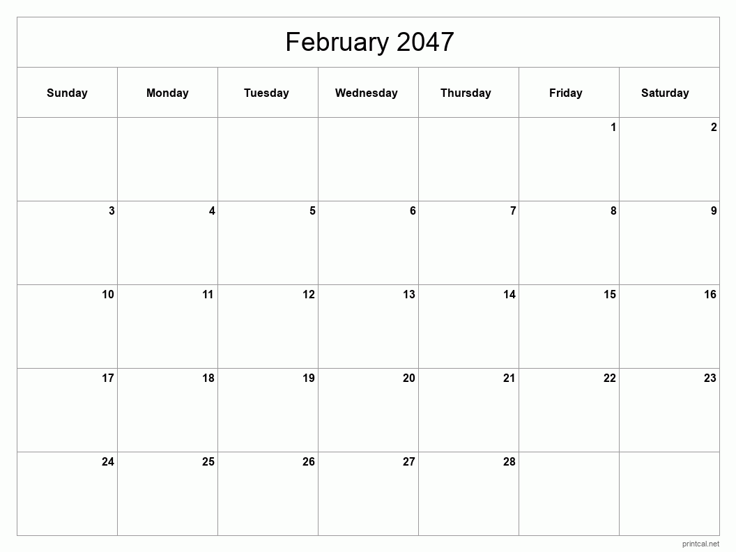 February 2047 Printable Calendar - Classic Blank Sheet