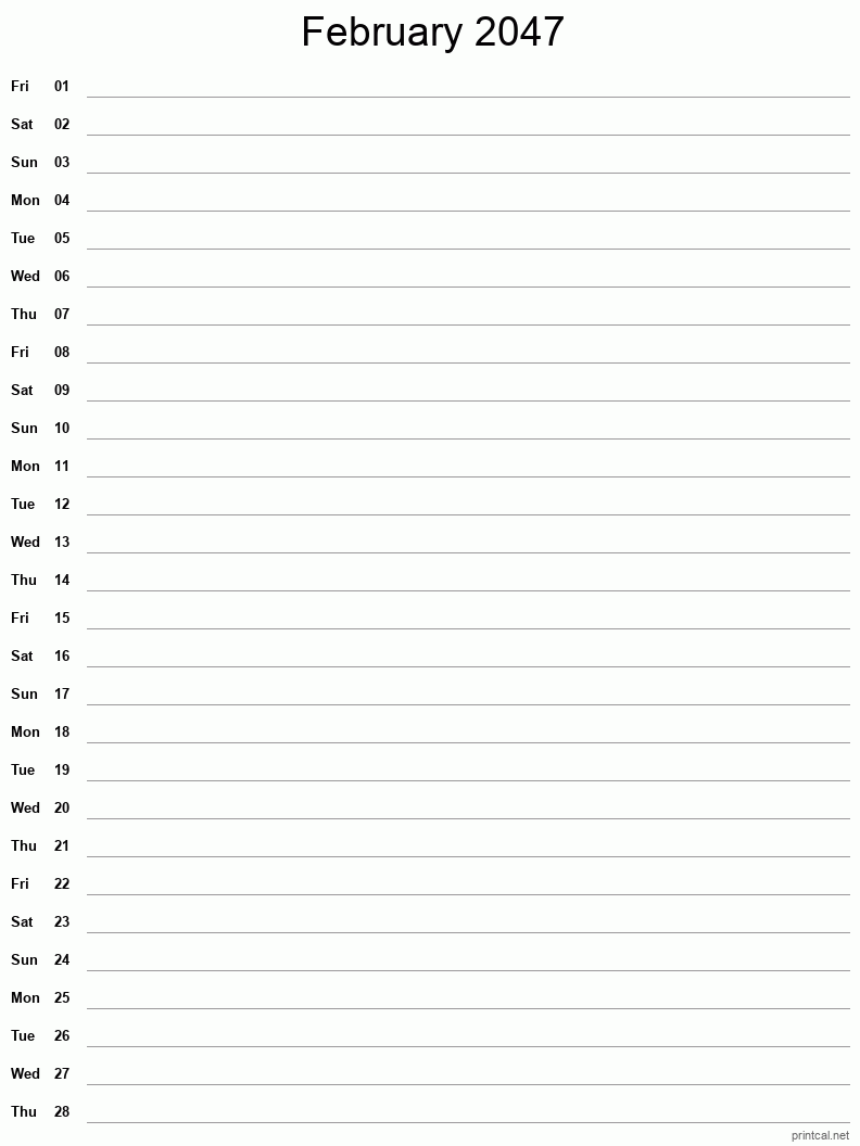 February 2047 Printable Calendar - Single Column Notesheet