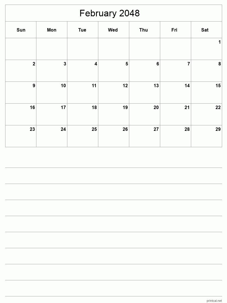 February 2048 Printable Calendar - Half-Page With Notesheet