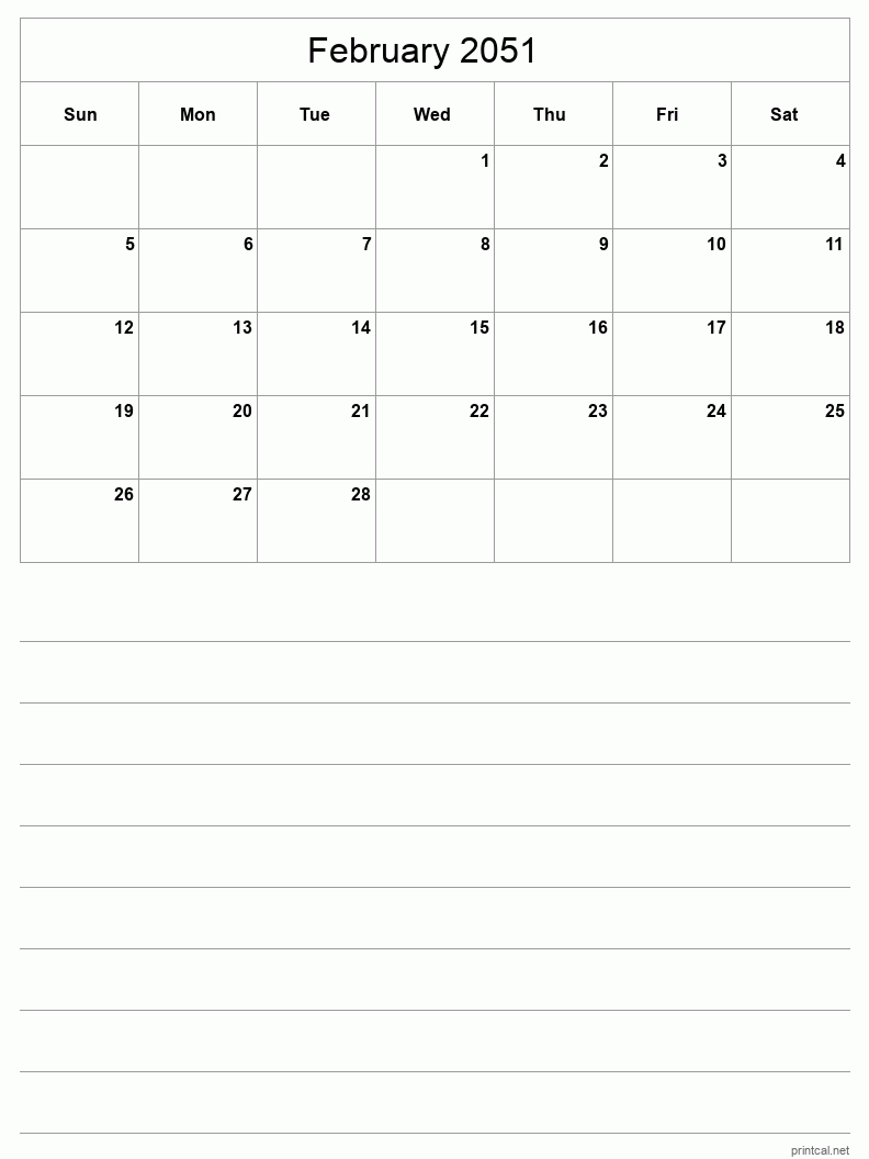 February 2051 Printable Calendar - Half-Page With Notesheet