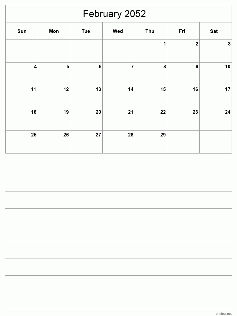 February 2052 Printable Calendar - Half-Page With Notesheet